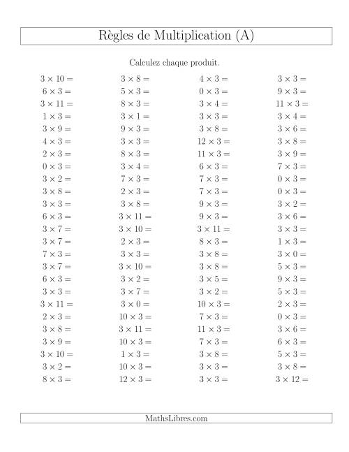 Règles de Multiplication -- Règles de 3 × 0-12 (A)