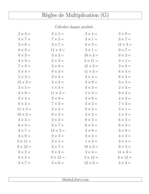 Règles de Multiplication -- Règles de 3 × 0-12 (G)