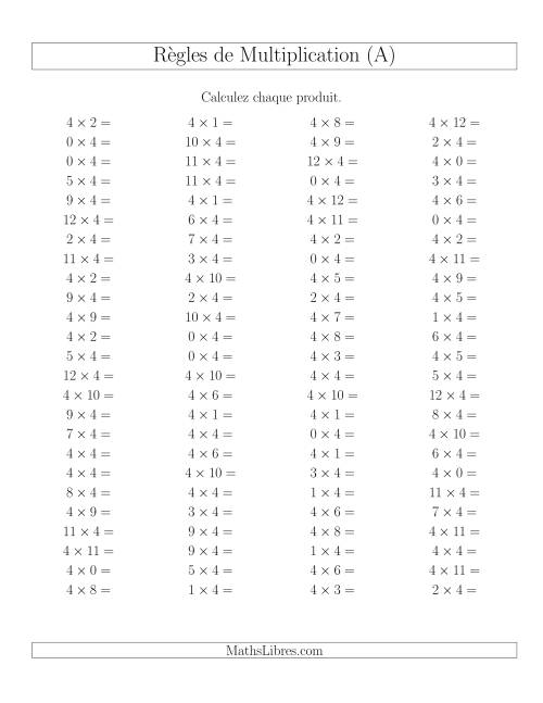 Règles de Multiplication -- Règles de 4 × 0-12 (A)