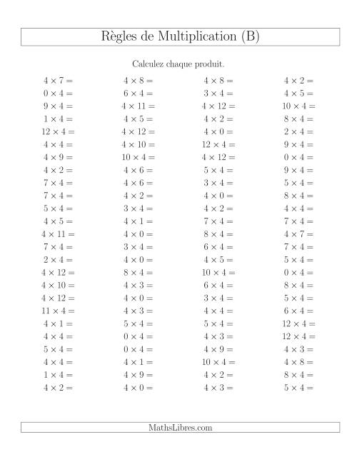 Règles de Multiplication -- Règles de 4 × 0-12 (B)