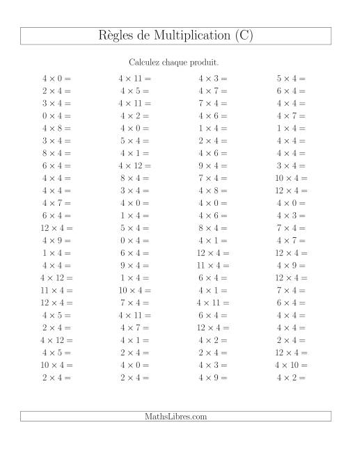 Règles de Multiplication -- Règles de 4 × 0-12 (C)