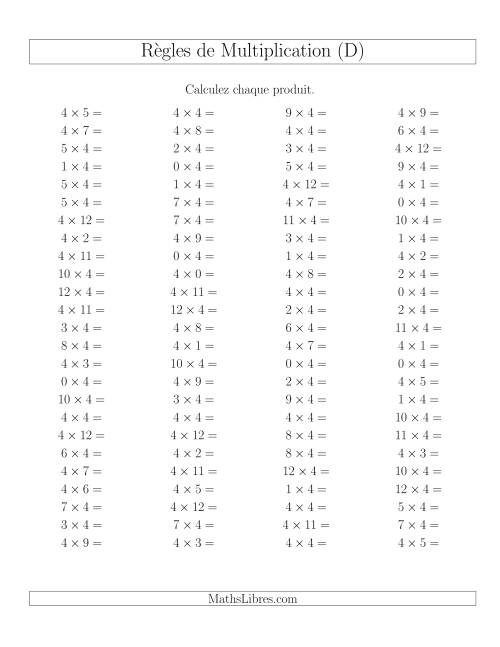 Règles de Multiplication -- Règles de 4 × 0-12 (D)