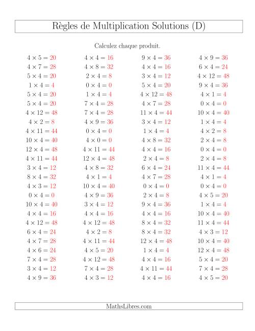 Règles de Multiplication -- Règles de 4 × 0-12 (D) page 2