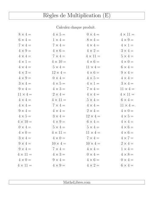Règles de Multiplication -- Règles de 4 × 0-12 (E)