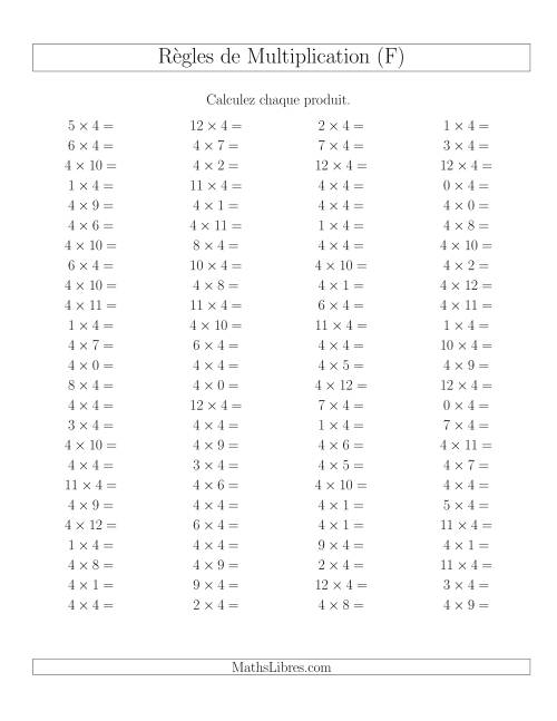 Règles de Multiplication -- Règles de 4 × 0-12 (F)