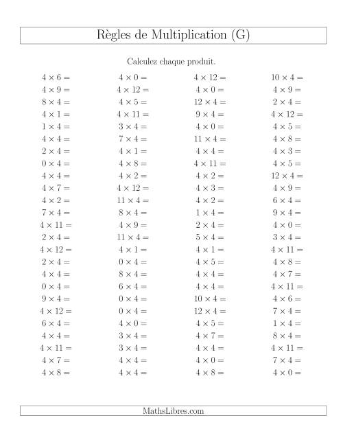 Règles de Multiplication -- Règles de 4 × 0-12 (G)