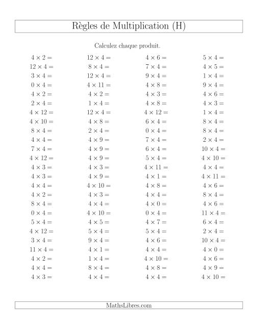 Règles de Multiplication -- Règles de 4 × 0-12 (H)