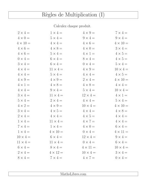 Règles de Multiplication -- Règles de 4 × 0-12 (I)