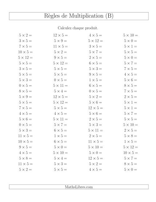 Règles de Multiplication -- Règles de 5 × 0-12 (B)