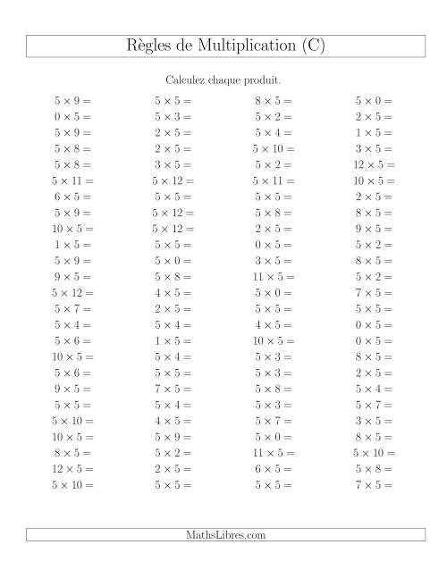 Règles de Multiplication -- Règles de 5 × 0-12 (C)