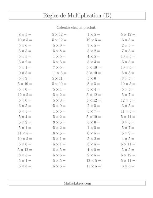 Règles de Multiplication -- Règles de 5 × 0-12 (D)