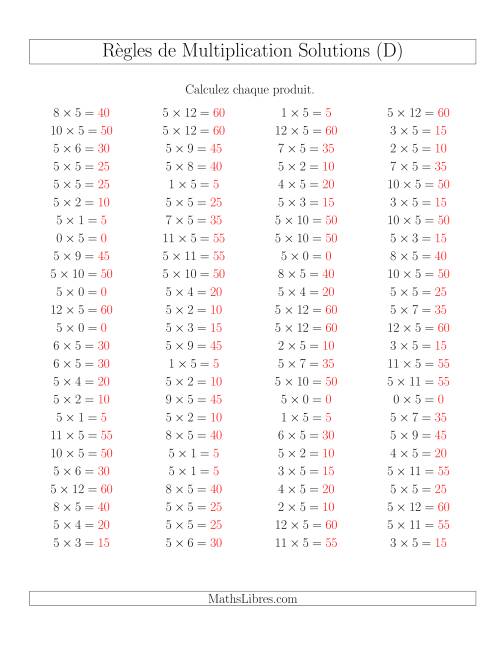 Règles de Multiplication -- Règles de 5 × 0-12 (D) page 2