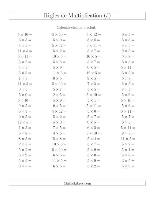 Règles de Multiplication -- Règles de 5 × 0-12 (J)