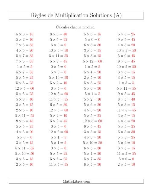 Règles de Multiplication -- Règles de 5 × 0-12 (Tout) page 2