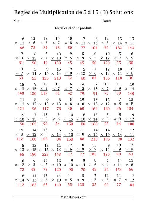 Règles de Multiplication de 5 à 15 (100 Questions) (B) page 2