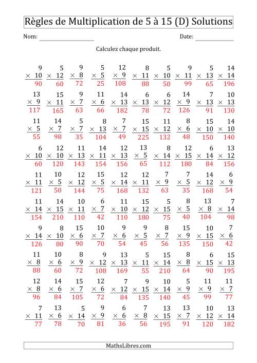 Règles de Multiplication de 5 à 15 (100 Questions) (D) page 2