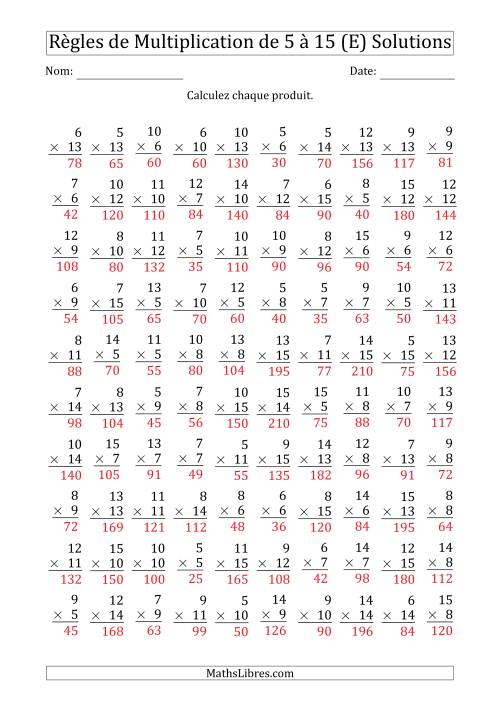 Règles de Multiplication de 5 à 15 (100 Questions) (E) page 2
