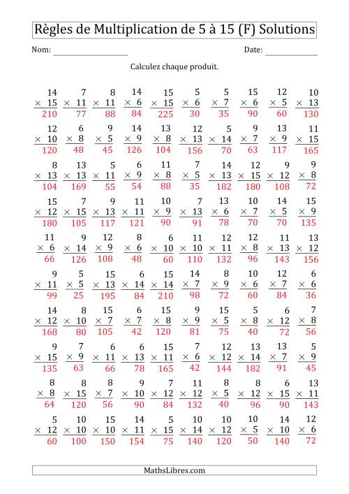 Règles de Multiplication de 5 à 15 (100 Questions) (F) page 2