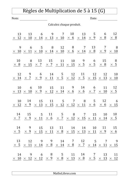 Règles de Multiplication de 5 à 15 (100 Questions) (G)