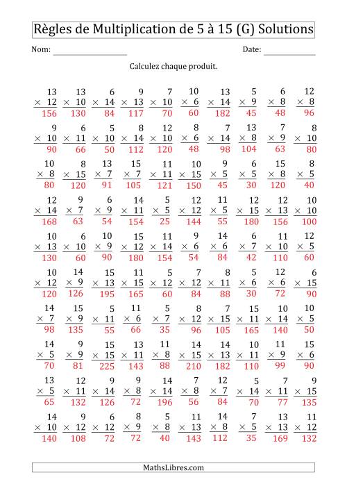 Règles de Multiplication de 5 à 15 (100 Questions) (G) page 2