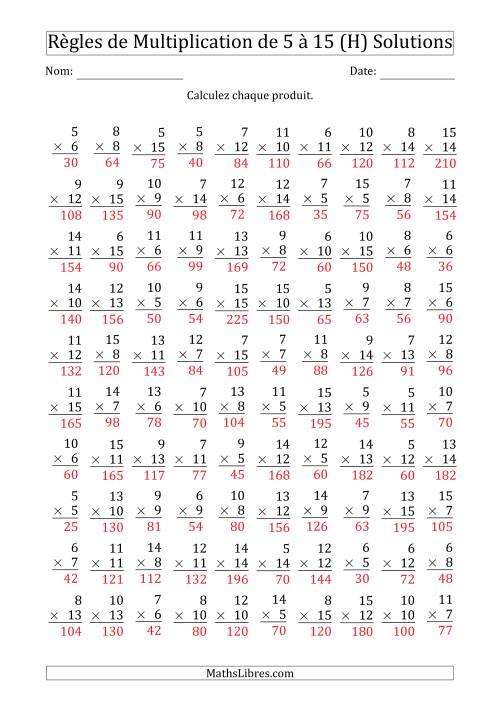 Règles de Multiplication de 5 à 15 (100 Questions) (H) page 2