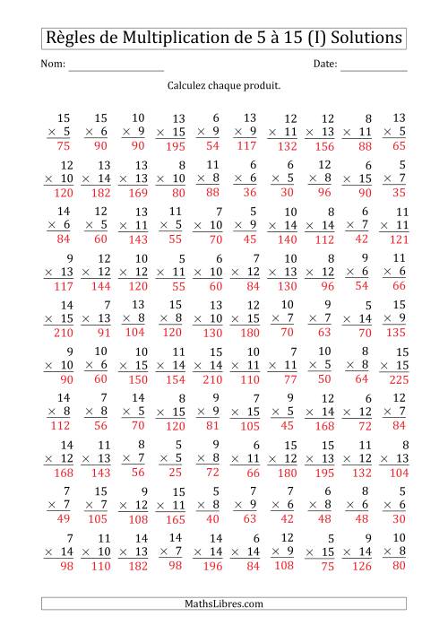 Règles de Multiplication de 5 à 15 (100 Questions) (I) page 2