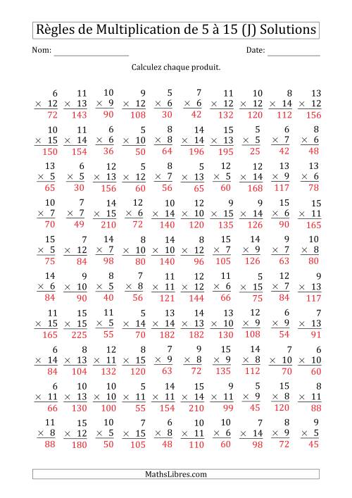 Règles de Multiplication de 5 à 15 (100 Questions) (J) page 2