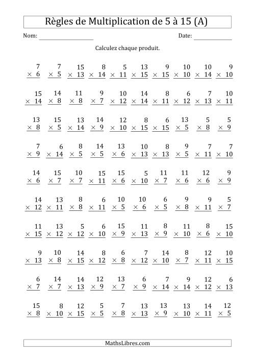 Règles de Multiplication de 5 à 15 (100 Questions) (Tout)