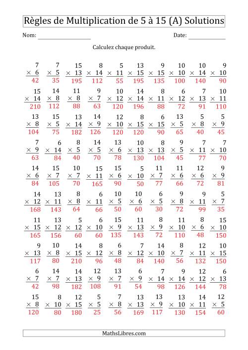 Règles de Multiplication de 5 à 15 (100 Questions) (Tout) page 2