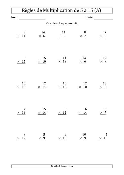 Règles de Multiplication de 5 à 15 (25 Questions) (A)