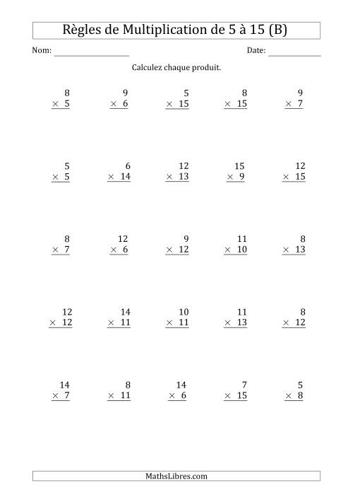 Règles de Multiplication de 5 à 15 (25 Questions) (B)