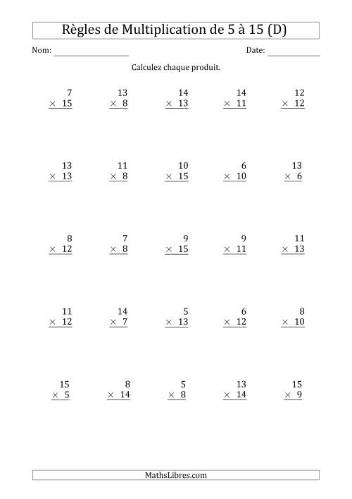 Règles de Multiplication de 5 à 15 (25 Questions) (D)