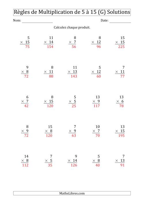 Règles de Multiplication de 5 à 15 (25 Questions) (G) page 2
