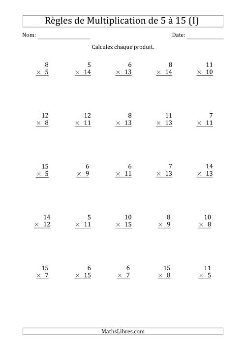 Règles de Multiplication de 5 à 15 (25 Questions) (I)