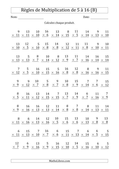 Règles de Multiplication de 5 à 16 (100 Questions) (B)