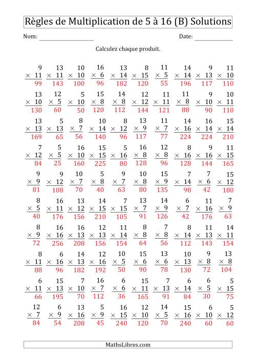 Règles de Multiplication de 5 à 16 (100 Questions) (B) page 2
