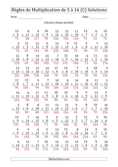 Règles de Multiplication de 5 à 16 (100 Questions) (C) page 2
