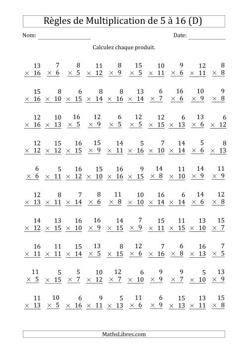 Règles de Multiplication de 5 à 16 (100 Questions) (D)