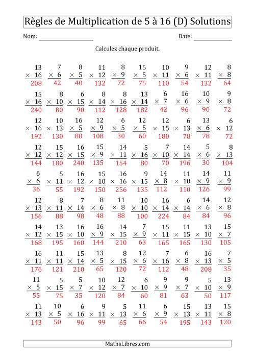 Règles de Multiplication de 5 à 16 (100 Questions) (D) page 2
