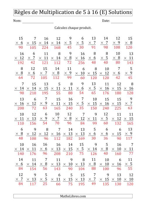 Règles de Multiplication de 5 à 16 (100 Questions) (E) page 2