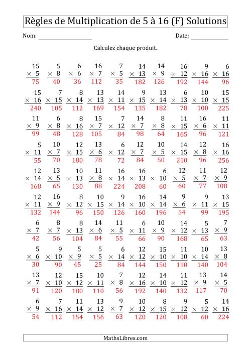Règles de Multiplication de 5 à 16 (100 Questions) (F) page 2