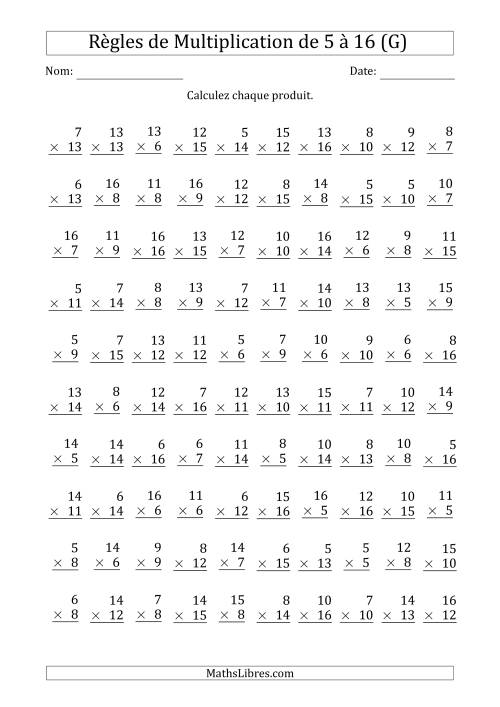 Règles de Multiplication de 5 à 16 (100 Questions) (G)