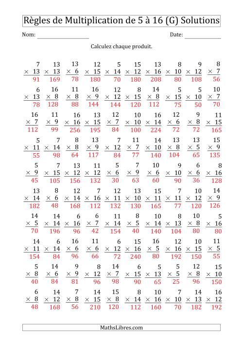 Règles de Multiplication de 5 à 16 (100 Questions) (G) page 2