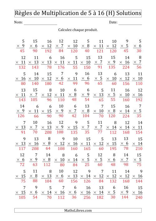 Règles de Multiplication de 5 à 16 (100 Questions) (H) page 2