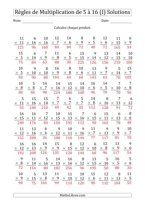 Règles de Multiplication de 5 à 16 (100 Questions) (I) page 2