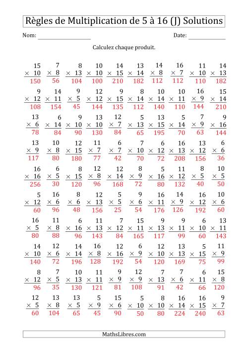 Règles de Multiplication de 5 à 16 (100 Questions) (J) page 2