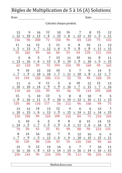 Règles de Multiplication de 5 à 16 (100 Questions) (Tout) page 2