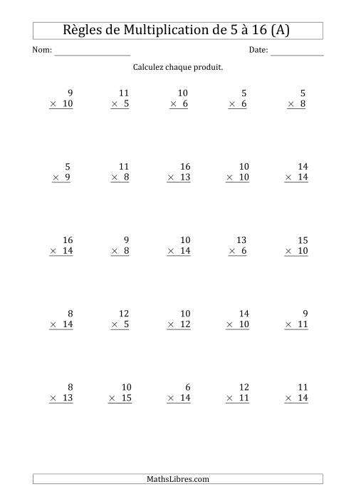 Règles de Multiplication de 5 à 16 (25 Questions) (A)