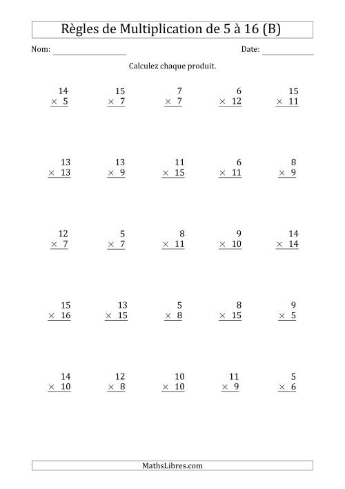 Règles de Multiplication de 5 à 16 (25 Questions) (B)