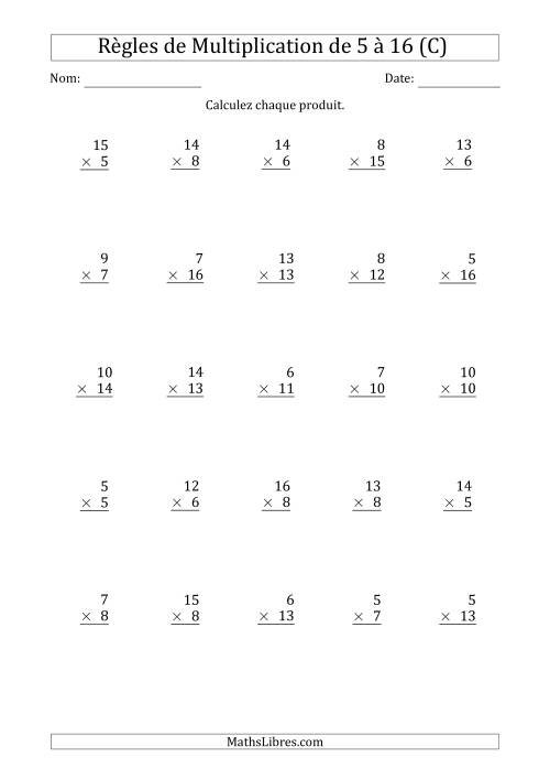 Règles de Multiplication de 5 à 16 (25 Questions) (C)